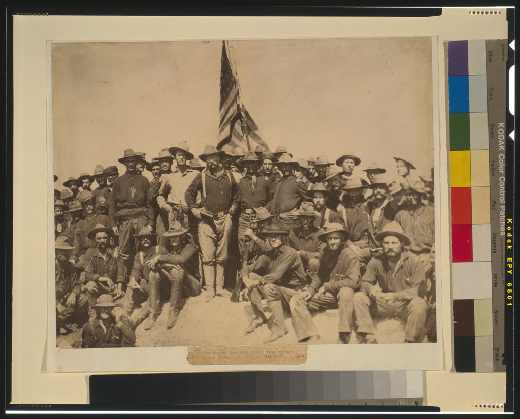 Colonel Roosevelt and his Rough Riders at the top of the hill which they captured, Battle of San Juan / by William Dinwiddie, 1898